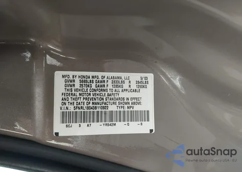 2003 Honda Odyssey Ex-L из США, поврежденный, VIN 5FNRL18043B110922